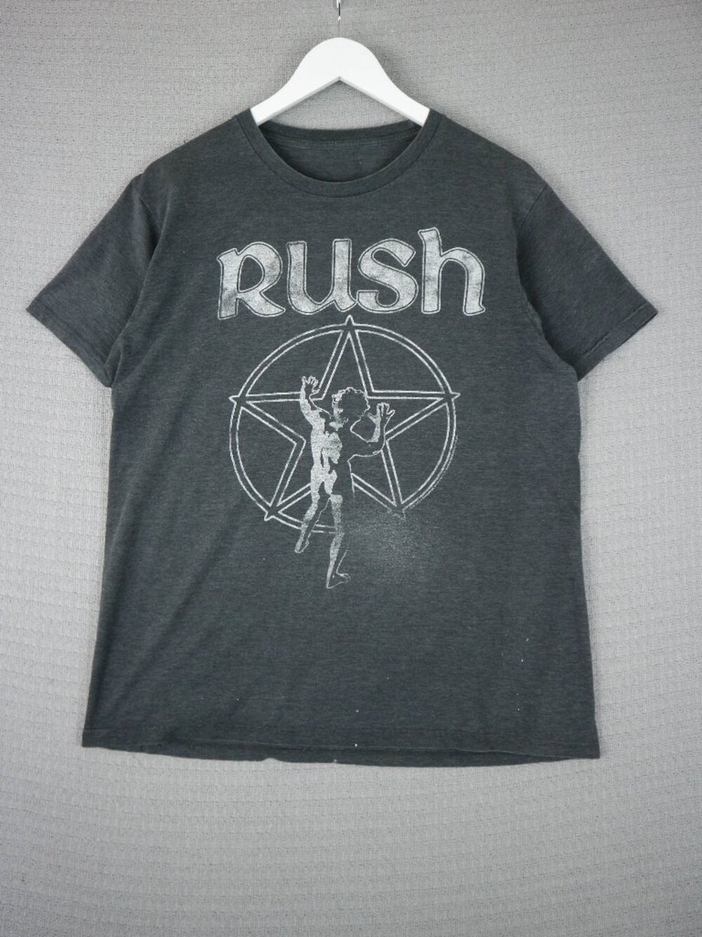 Rush Starman Distressed Graphic Tee Band Shirt Mens Grey Large